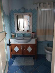 a bathroom with a sink and a mirror and a toilet at Affitta camere Matta-Chiodino in Arzachena