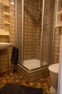 a bathroom with a shower and a toilet and a sink at Sophienmühle II Nähe Carolinensiel in Wangerland