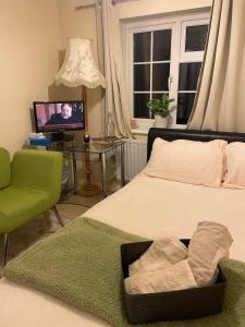 a bedroom with a bed and a tv and a chair at Cozy Homestay in Croydon