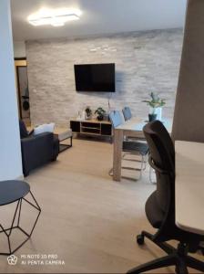 een woonkamer met een tv en een tafel en stoelen bij Appartement charmant et calme en bord de Loire. in Nantes