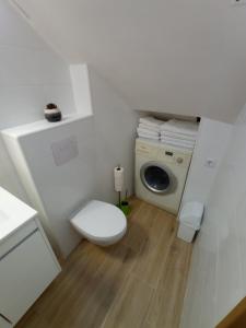 a white bathroom with a toilet and a washing machine at Casa Rústica da Lavandeira in Valongo dos Azeites