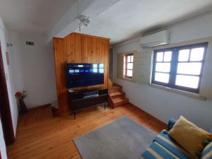 a living room with a flat screen tv and a couch at Casa Rústica da Lavandeira in Valongo dos Azeites