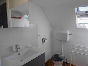 ein weißes Badezimmer mit Toilette und Waschbecken in der Unterkunft Appartement rénové avec vue mer au Palais, proche commerces - FR-1-418-175 in Le Palais + 8 Fotos