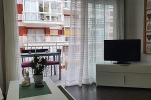 Televízia a/alebo spoločenská miestnosť v ubytovaní Fully-equipped, ideal beach-front apartment