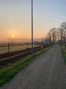 un camino de tierra en un campo con la puesta de sol en el fondo en Ontwaken tussen de paarden, en Helen-Bos