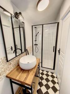 a bathroom with a white sink and a shower at Bienvenue à la Tatoo Room in Bourgoin