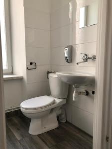 a white bathroom with a toilet and a sink at Wawel in Krakow