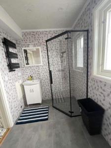 een badkamer met een douchecabine en een wastafel bij Ödeshög Modernt och stilfullt B&B in Ödeshög