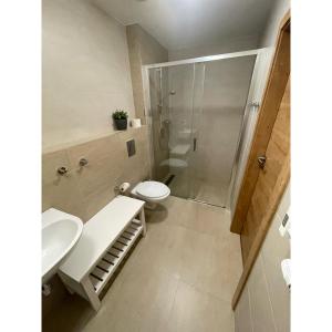 uma casa de banho com um WC, um chuveiro e um lavatório. em Lipno Port Apartment C101 em Lipno nad Vltavou