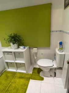 La salle de bains est pourvue de toilettes et d'un mur vert. dans l'établissement Cozy Homestay, à Croydon