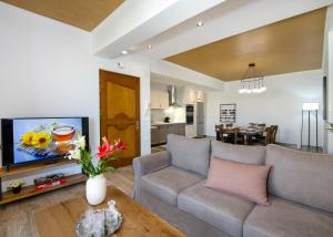 Una sala de estar con un sofá y un televisor. en G & E Apartment, en Kissamos