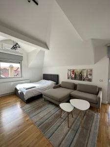 a living room with a couch and a bed at Vulkan lux in Zemun