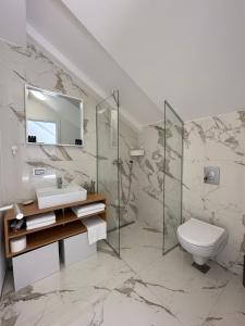 uma casa de banho com um WC, um lavatório e um espelho. em Vulkan lux em Zemun