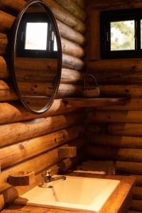 baño con espejo y lavabo en una cabaña de madera en Cabañas El Sosiego en Azul