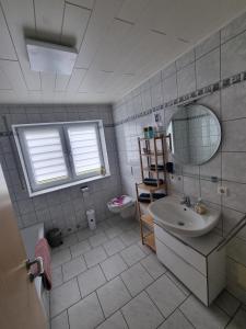 La salle de bains est pourvue d'un lavabo, d'un miroir et de toilettes. dans l'établissement Ferienwohnung Biosphärenblick, à Münsingen