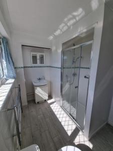 a bathroom with a shower and a sink at Seasalt and Seasalt Cabin, Seaview in Seaview