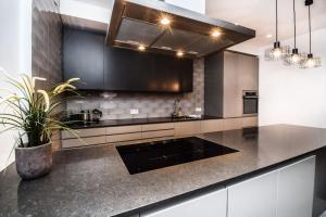 uma cozinha com uma bancada preta com uma planta em City Point Reykjavik - Luxury Apartments - Surtsey em Reykjavík