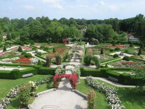 un jardín con muchas flores, arbustos y árboles en Helles Apartment in Berlin-Mariendorf, en Berlín