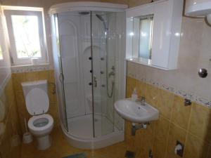 a bathroom with a shower and a toilet and a sink at Apartments Jana in Primošten