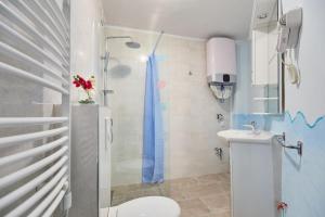 a bathroom with a shower and a toilet and a sink at Studio Ibis in Dubrovnik