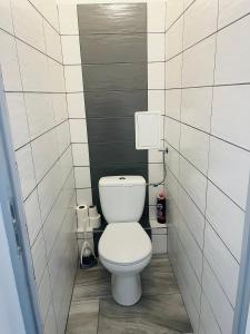 a bathroom with a white toilet in a stall at Horizont-Szilvás Apartman in Komló
