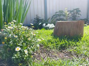 a garden with a wooden stump in the grass at Comfy Private rooms in Braybrook in Braybrook