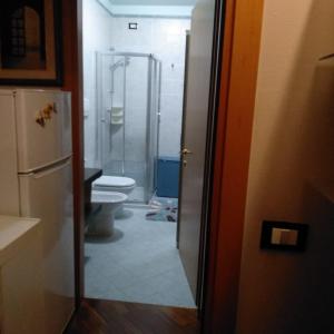 a bathroom with a toilet and a shower and a refrigerator at Mini appartamento con giardino in Fontanafredda +11 photos