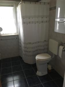 a bathroom with a toilet with music notes on the shower curtain at Ferienhaus am Neuklostersee in Neukloster