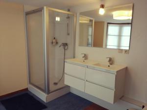 a bathroom with a shower and a sink at Triplex près de la Grand-Place in Brussels