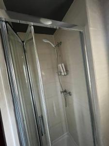 uma casa de banho com um chuveiro e uma porta de vidro em Upstairs Studio - Private kitchenette and Small en-suite em Dublin