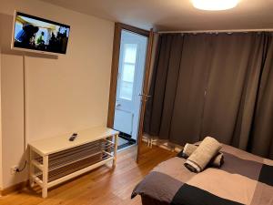 1 dormitorio con 1 cama y TV en la pared en Rössli Self Check in 24-7 Free Parking, en Unterägeri