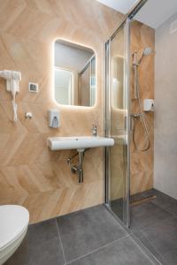 W łazience znajduje się umywalka i prysznic. w obiekcie Villa Angela w Gdańsku