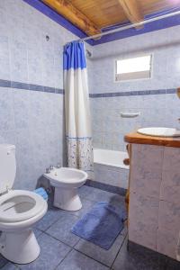 uma casa de banho com um WC, um lavatório e um chuveiro em Cabañas Kairós em El Bolsón