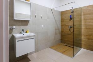 a bathroom with a shower and a sink at Apartmani i sobe Castra in Banja Luka