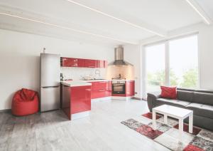 Il comprend une cuisine et un salon avec des placards rouges et un canapé. dans l'établissement Casa Camilla, à Dascio