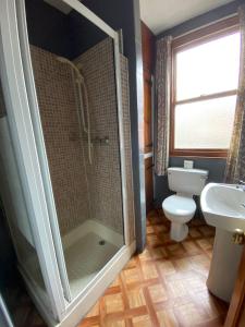 uma casa de banho com um chuveiro, um WC e um lavatório. em Bowman Lodge em Chester