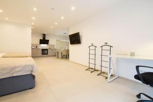 Un dormitorio grande con una cama y una cocina. en Luxury Saarbrücken 3, en Saarbrücken