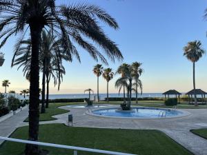 un palmier et une piscine avec l'océan en arrière-plan dans l'établissement Residencial Mar de Denia 2, à Dénia