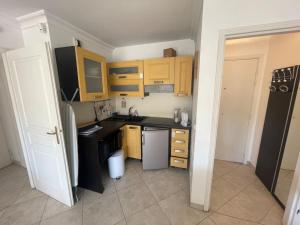 una pequeña cocina con armarios de madera y electrodomésticos negros en Perle RARE à Juan Les Pins, en Antibes