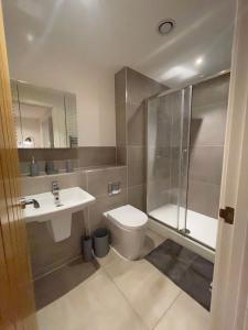 uma casa de banho com um WC, um chuveiro e um lavatório. em 1-Bedroom Apartments in the Heart of Central Woking em Woking