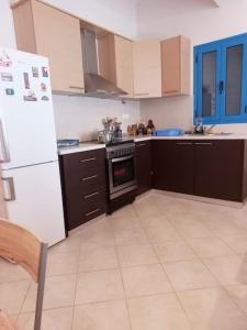 a kitchen with brown cabinets and a white refrigerator at La casa azul in Megalochori