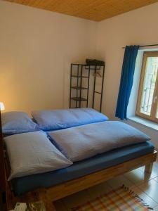 a bedroom with two beds with blue sheets and a window at Osteria Con Alloggio La Peonia Zona Bellavista Monte Generoso in Mendrisio