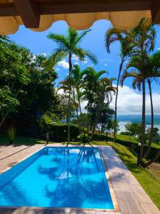 a swimming pool in a villa with palm trees at Mirante do Lago in Capitólio