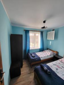 1 dormitorio con 2 camas y ventana en Apartament Słoneczna Centrum en Zakopane