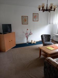 a living room with a tv and a vase of flowers at Lütke-Dörhoff in Ennigerloh