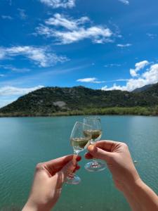 two people holding wine glasses in front of a lake at Lakeview Apartments Jolicic in Virpazar