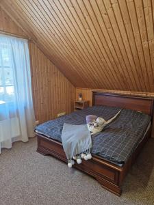 uma cama num quarto com tecto em madeira em Brīvdienu māja pie Gaujas em Siguļi