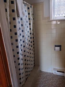 La salle de bains est pourvue d'une douche avec rideau de douche. dans l'établissement White Pine Motel, à Ely