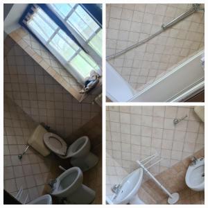 drie foto's van een badkamer met twee toiletten en een raam bij Fattoria Roico Funny Ranch in Montiglio