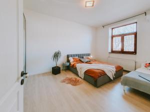 a bedroom with a bed and a window at Priestranný apartmán v centre in Košice